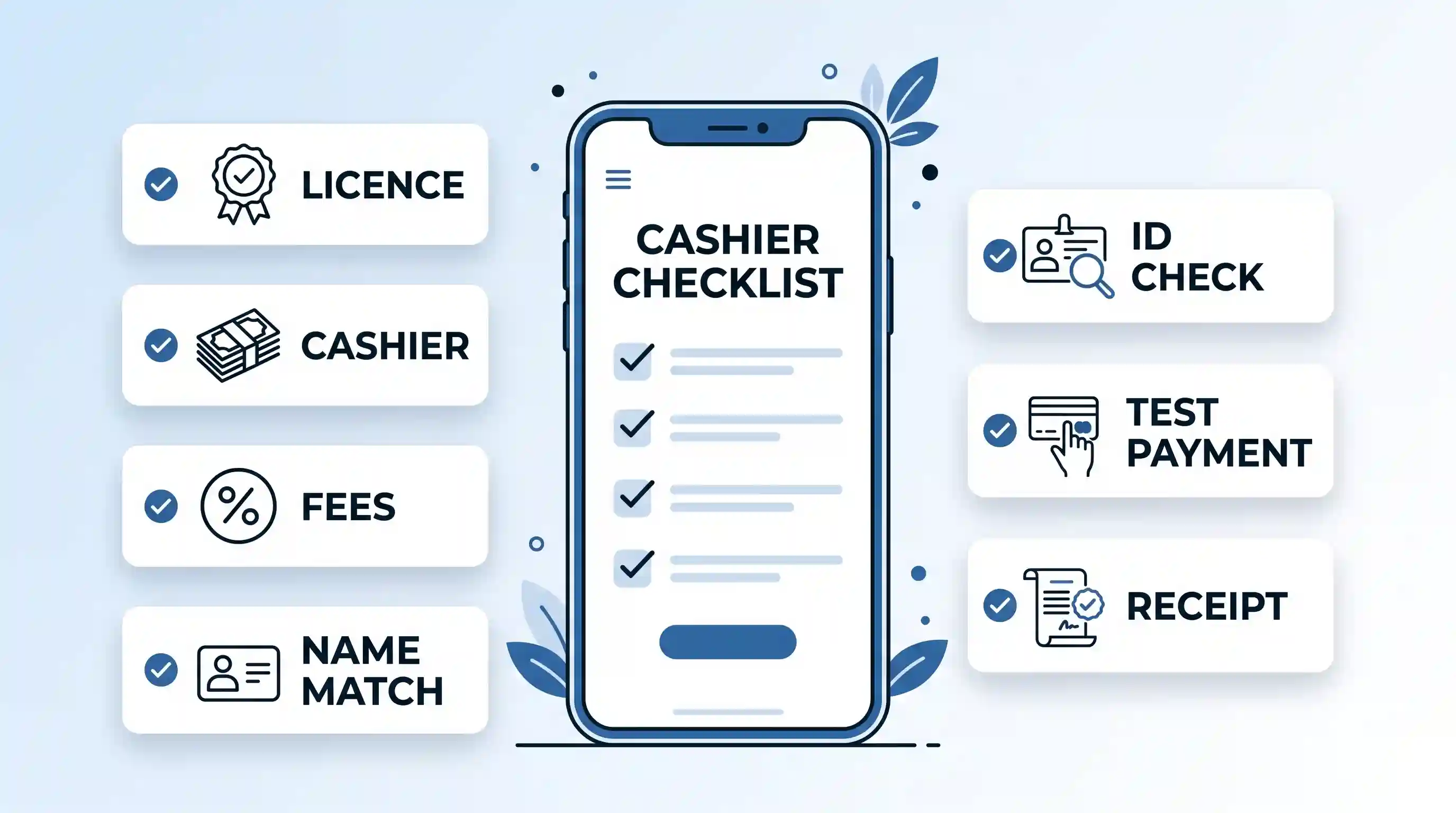 Seven-step mobile cashier checklist: Licence, Cashier, Fees, Name Match, ID Check, Test Payment, Receipt.