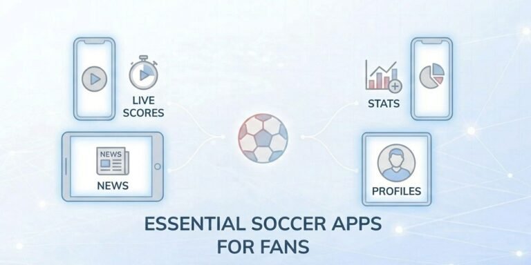 Essential soccer apps for fans illustration showing a central soccer ball connected to Live Scores, News, Stats, and Profiles features across smartphones and a tablet on a light blue background.