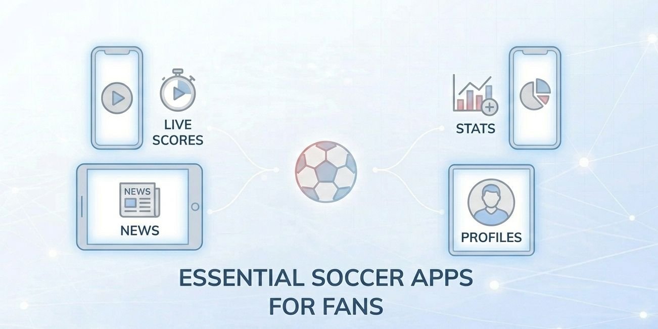Essential soccer apps for fans illustration showing a central soccer ball connected to Live Scores, News, Stats, and Profiles features across smartphones and a tablet on a light blue background.