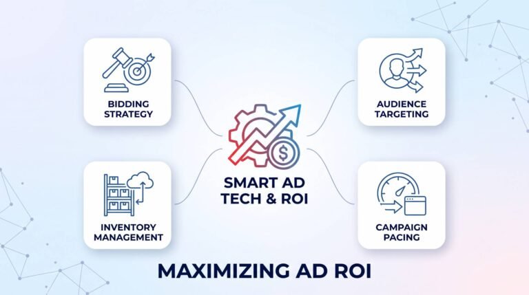 Maximizing Ad ROI illustration showing a central Smart Ad Tech and ROI icon connected to four elements: Bidding Strategy, Audience Targeting, Inventory Management, and Campaign Pacing.