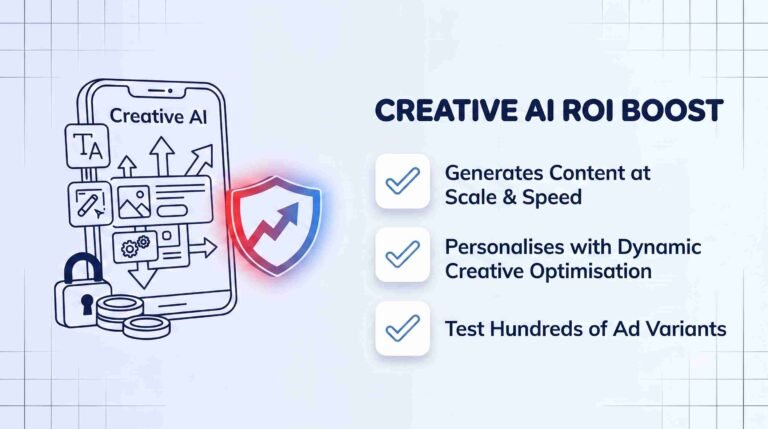 Creative AI ROI boost infographic showing content generation at scale and speed, dynamic creative optimisation, and testing hundreds of ad variants.