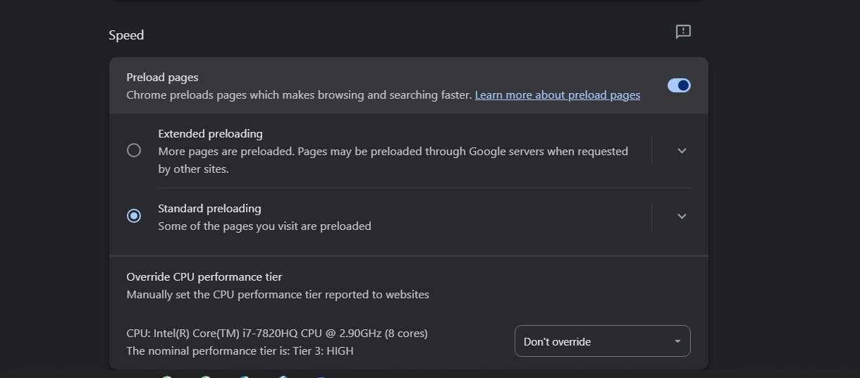 Chrome speed settings page showing Preload pages enabled and Standard preloading selected.