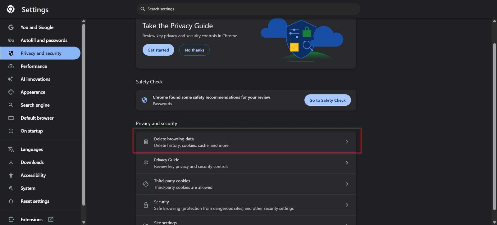 Chrome privacy and security settings page showing the Delete browsing data option.