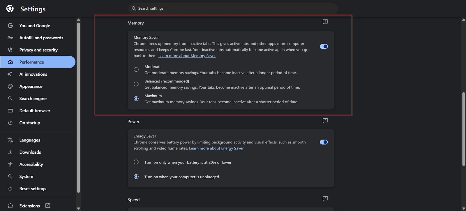 Chrome Memory Saver settings page with maximum memory savings enabled.