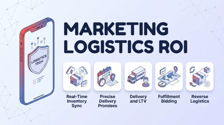 Marketing logistics ROI infographic showing real-time inventory sync, precise delivery promises, delivery and LTV, fulfillment bidding, and reverse logistics.