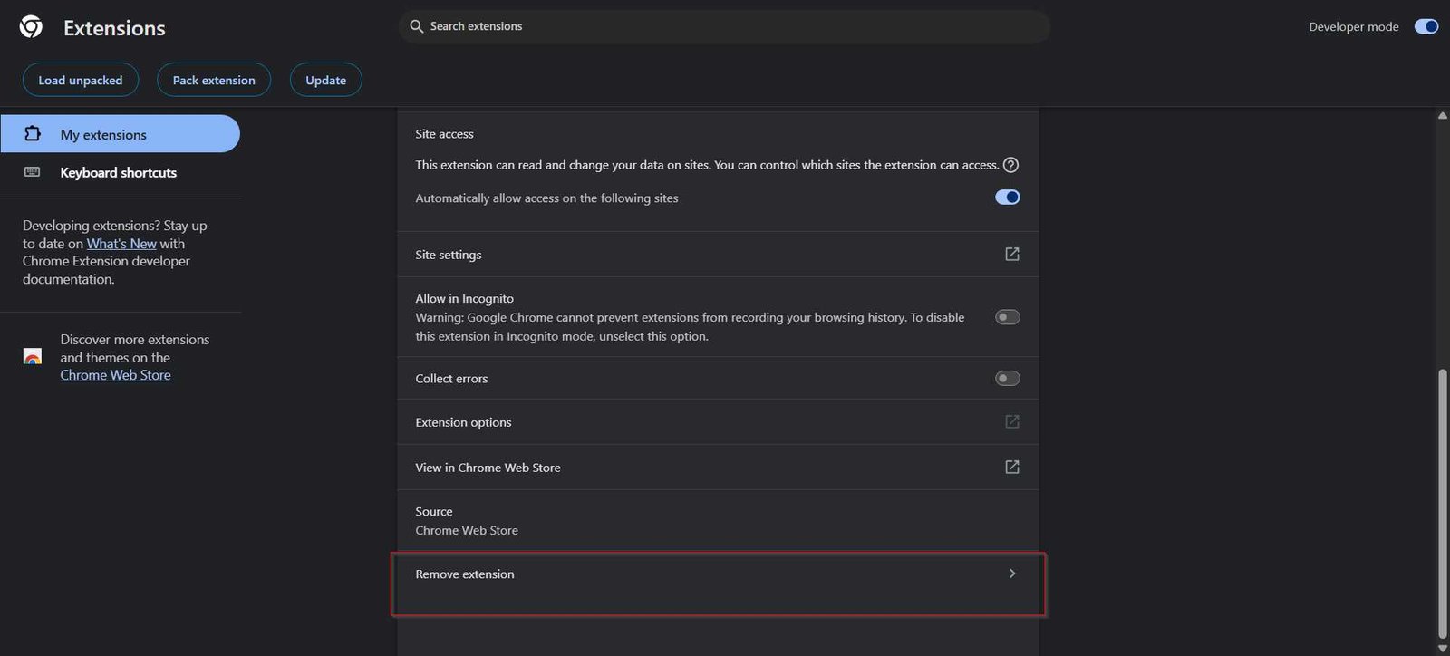Chrome extension settings screen showing the Remove extension option