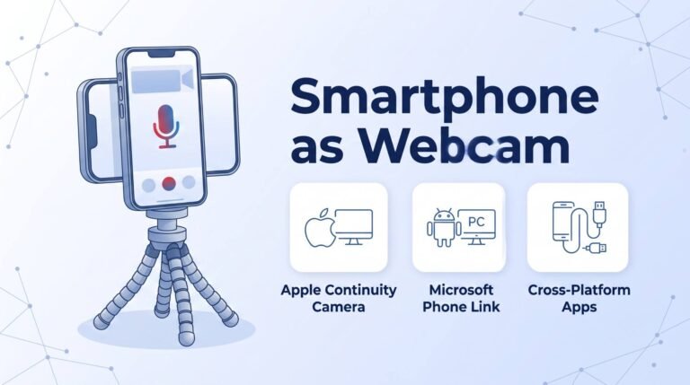 Smartphone as webcam infographic showing Apple Continuity Camera, Microsoft Phone Link, and cross-platform apps.