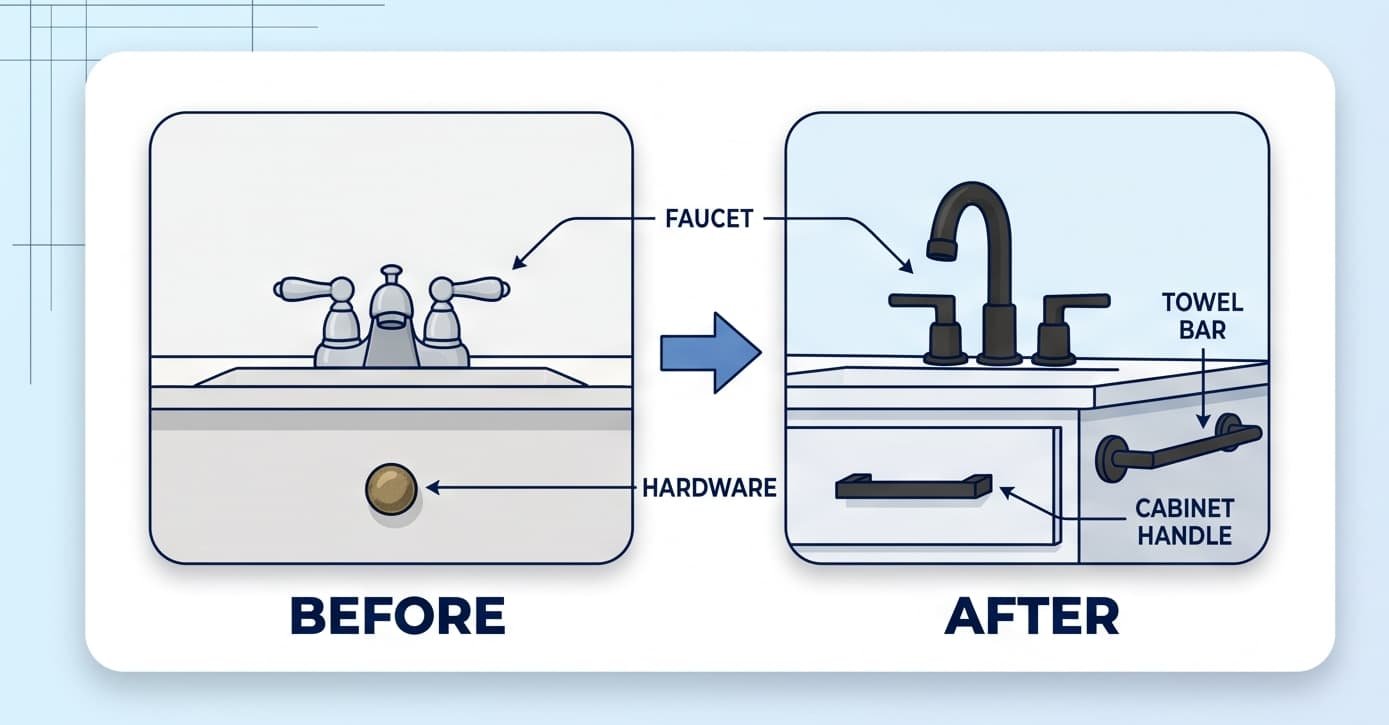 Close-up before/after of a bathroom faucet and cabinet hardware swap - readers need to see what "hardware" means here (handles, faucets, towel bars) since it's easy to confuse with a full remodel