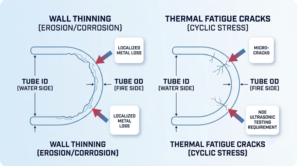 Cross-section diagram showing boiler tube wall thinning from corrosion/erosion and cracks from thermal fatigue, highlighting areas requiring NDE ultrasonic testing.