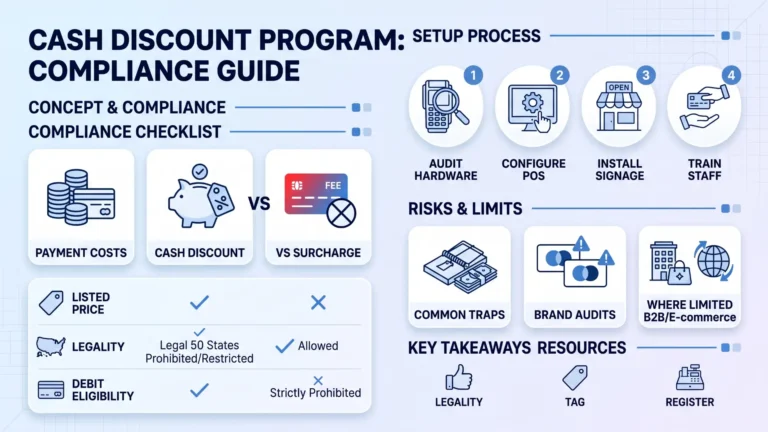 A blog feature image illustrating a cash discount program. On the left, it compares payment costs, cash discounts, and surcharges. On the right, a process flow shows steps to audit hardware, configure POS, install signage, and train staff, along with sections on compliance risks and limits. The design is in blue, white, and red tones.