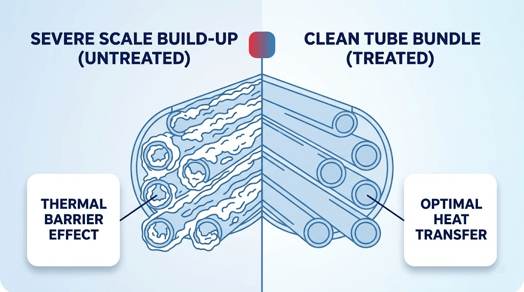 Comparison side-by-side photo of severe scale build-up inside a firetube boiler versus a clean tube bundle - Visualizes the thermal barrier effect caused by untreated mineral deposits.