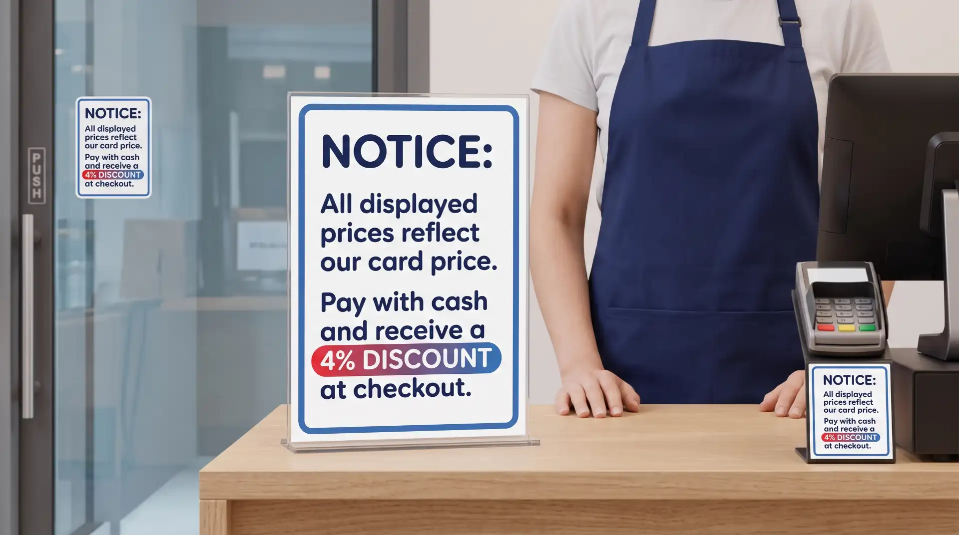A photo showing a clear, acrylic sign on a retail counter with a card terminal. The sign states: 'All displayed prices reflect our card price. Pay with cash and receive a 4% discount at checkout.' Another compliant sticker is on the door in the background.