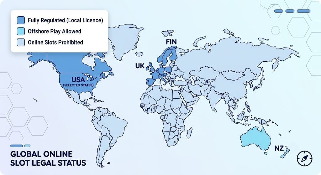 A simplified world map infographic with countries colored in blues to show legal status: Fully Regulated (Local Licence), Offshore Allowed, or Prohibited.