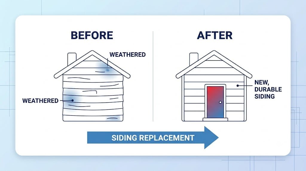 A diagram illustrating a home's exterior wall with old, weathered line-art siding labeled 'BEFORE' and new, smooth line-art siding labeled 'AFTER'.