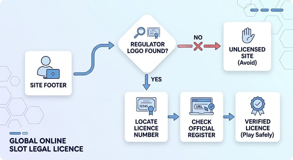 A flowchart diagram showing steps to check a slot licence in the footer, locating logos and numbers, then verifying on an official register.