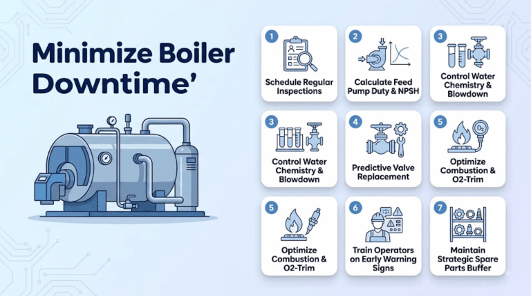 A header image in a blue and white technical style, showing a central boiler unit on the left and nine small cards on the right illustrating various ways to reduce downtime, including regular inspections, feed pump calculations, water chemistry control, and valve replacement.