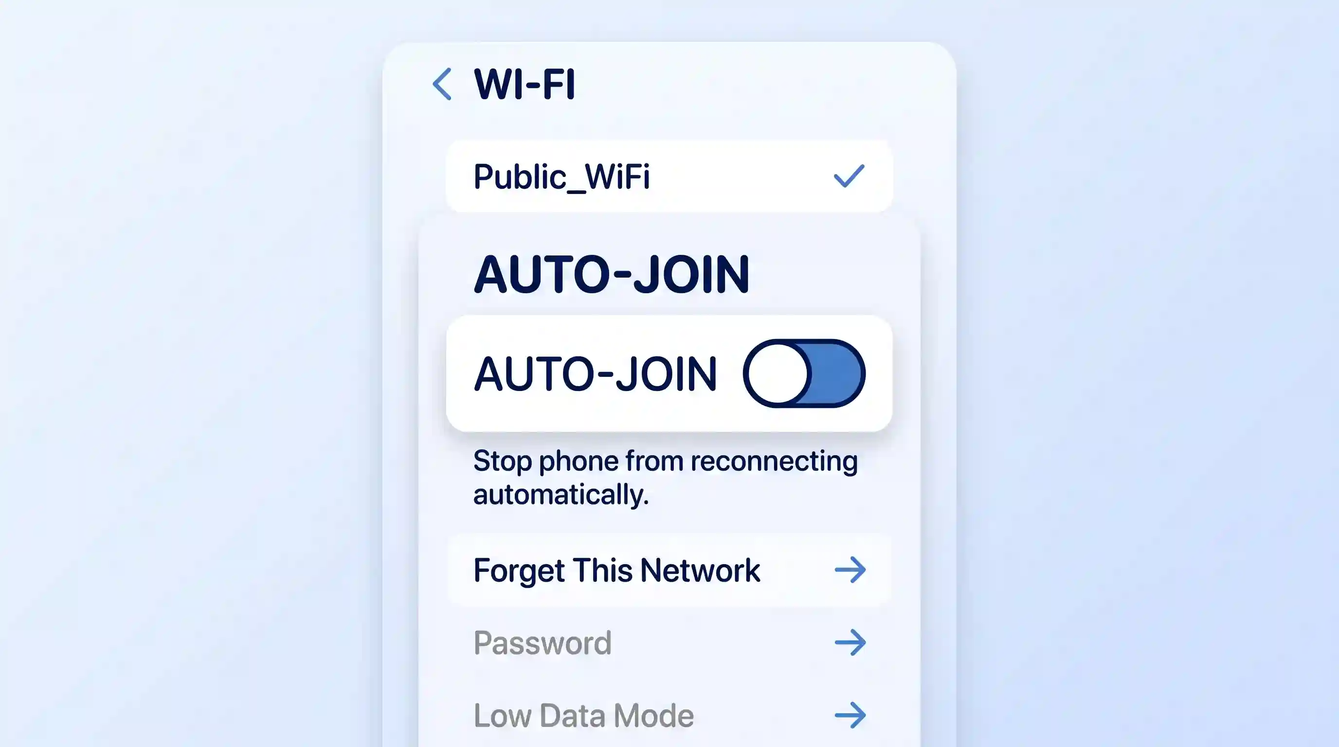 A focused diagram of an iPhone Wi-Fi network details screen, highlighting the 'Auto-Join' toggle as a central element in a focused card.
