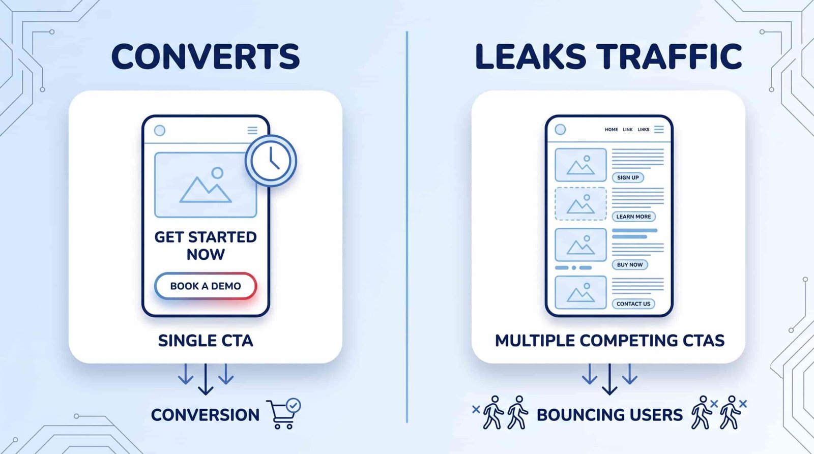 Side-by-side comparison of a slow, cluttered landing page next to a fast, clean one with a single clear call-to-action button