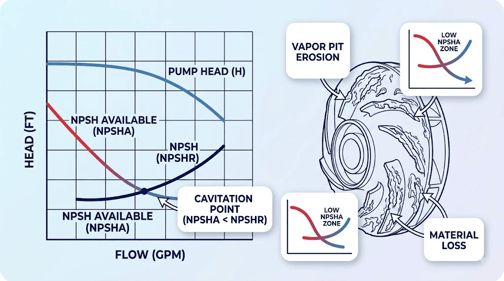 NPSH curves graphing the cavitation point (NPSHA < NPSHR) alongside a diagram of a pitted, damaged centrifugal pump impeller.