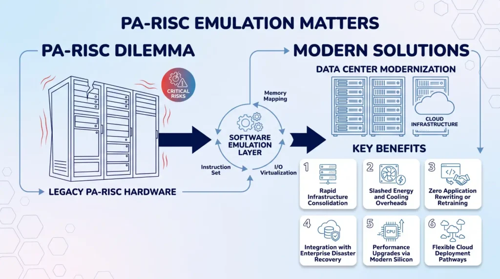 A blog header diagram comparing failing legacy PA-RISC hardware to optimized modern solutions. The left side highlights critical risks, while the right features six labeled and numbered explainer cards with icons for rapid consolidation, slashed overheads, zero application rewriting, disaster recovery, performance upgrades, and cloud deployment.