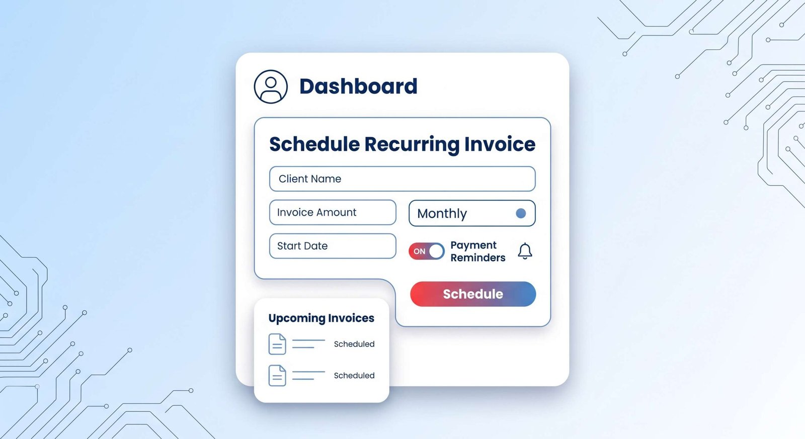 An illustrative screenshot of an invoicing dashboard showing a recurring invoice being scheduled. A toggle switch next to a bell icon, labeled "Payment Reminders" in navy blue, is clearly visible and in the 'on' position.