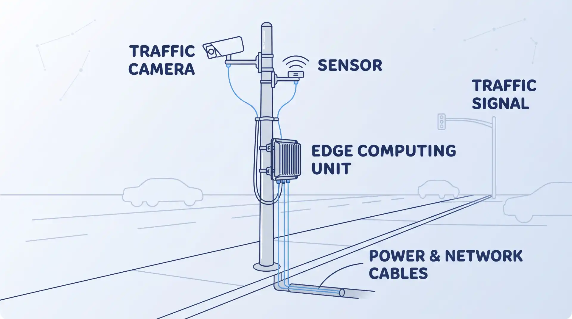 A technical diagram showing a roadside pole with mounted traffic camera, radar sensor, and a small edge computing unit enclosure, connected by cables.
