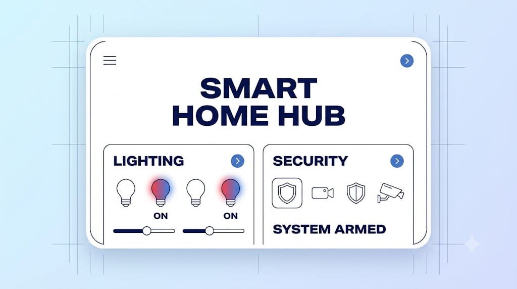 A diagram illustrating a smart home app screen with controls for automated lighting (bulbs, sliders) and smart security (shield, camera) labeled 'SMART HOME HUB'.