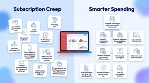 An infographic comparing 'Subscription Creep' with haphazard spending, to a structured 'Smarter Spending' plan for software subscriptions.
