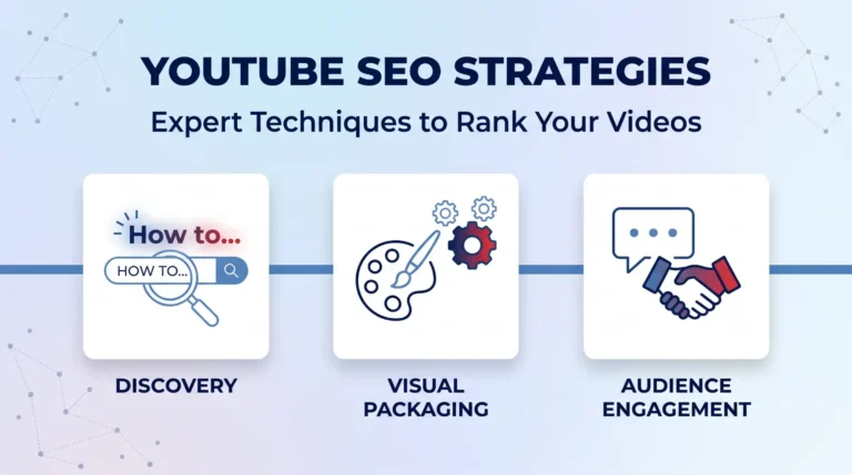 An infographic cover titled 'YOUTUBE SEO STRATEGIES', presenting key elements on white cards along a timeline: DISCOVERY, VISUAL PACKAGING, and AUDIENCE ENGAGEMENT.