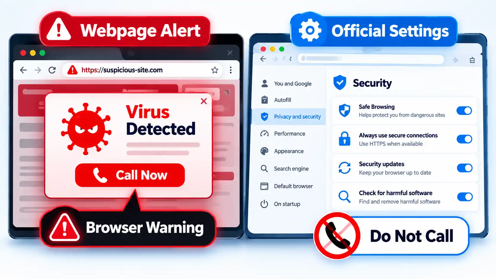 Split browser showing Virus Detected scam alert beside Official Settings and Do Not Call warning
