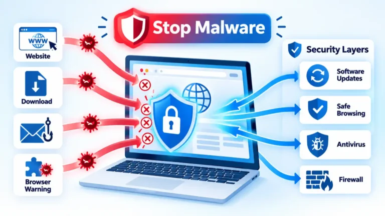 Stop Malware laptop shield blocking website and download threats with four security layers