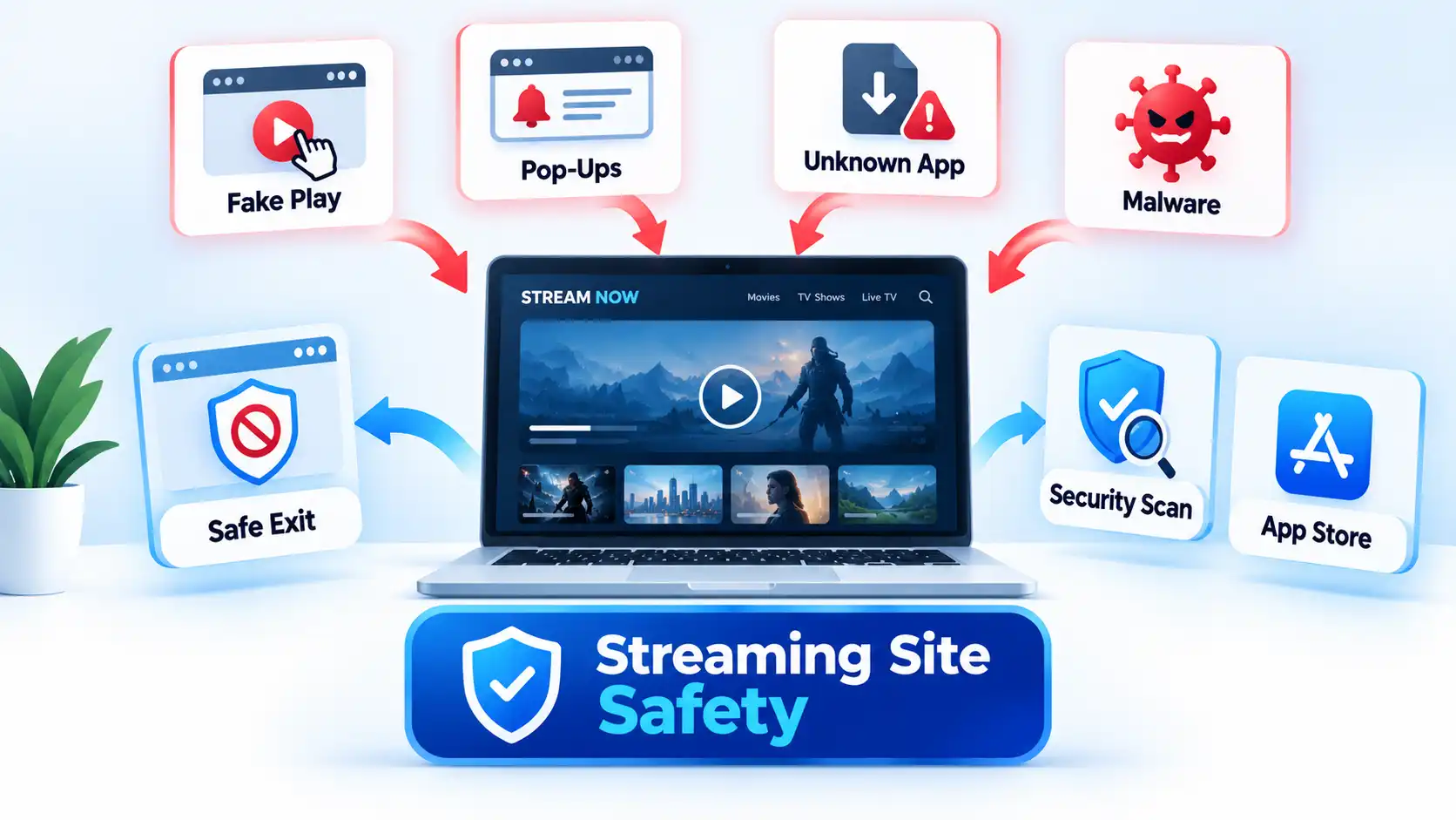 Streaming laptop with Fake Play, Pop-Ups, Unknown App and Malware threats plus Safe Exit and security defenses