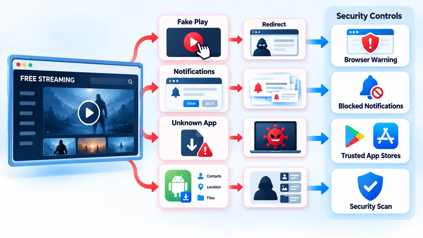 Free streaming page branching to Fake Play, Redirect, Notifications and Unknown App risks with Security Controls