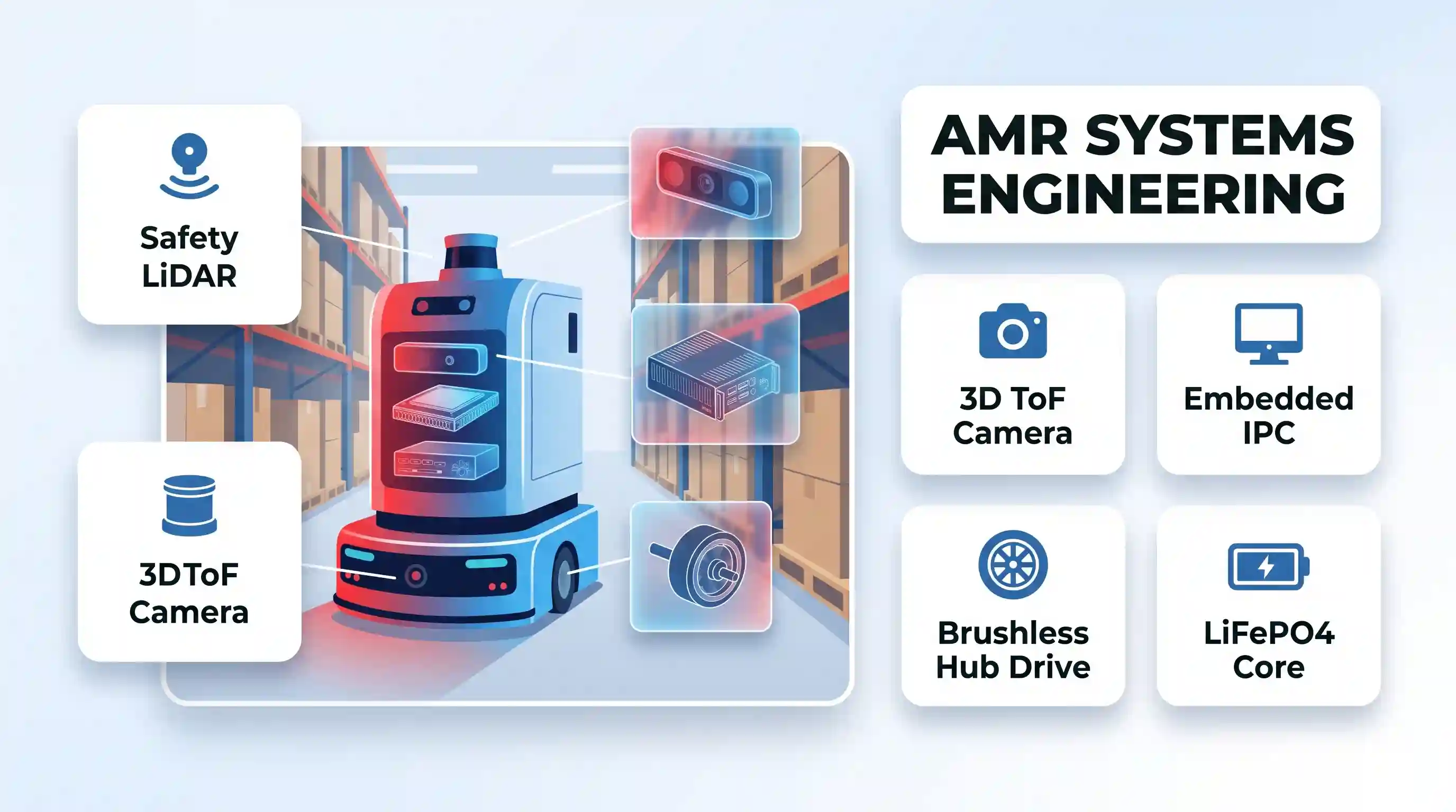 Editorial vector art of an AMR in a warehouse aisle with 5 icon cards: Safety LiDAR, 3D ToF, IPC, Hub Drive, LiFePO4