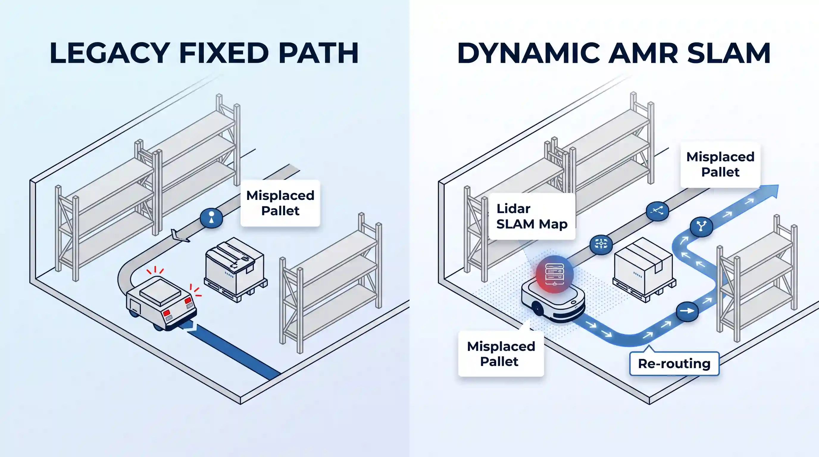 A two-panel infographic comparing legacy AGV navigation with modern AMR navigation. The left panel, "LEGACY FIXED PATH," shows a robot following a physical line on the floor, stopped by a pallet. A label points to the line, indicating it cannot deviate. The right panel, "DYNAMIC AMR SLAM," shows a robot navigating around the same pallet. Labeled components include a lidar SLAM map, dynamic path planning, and an integrated industrial PC for processing.