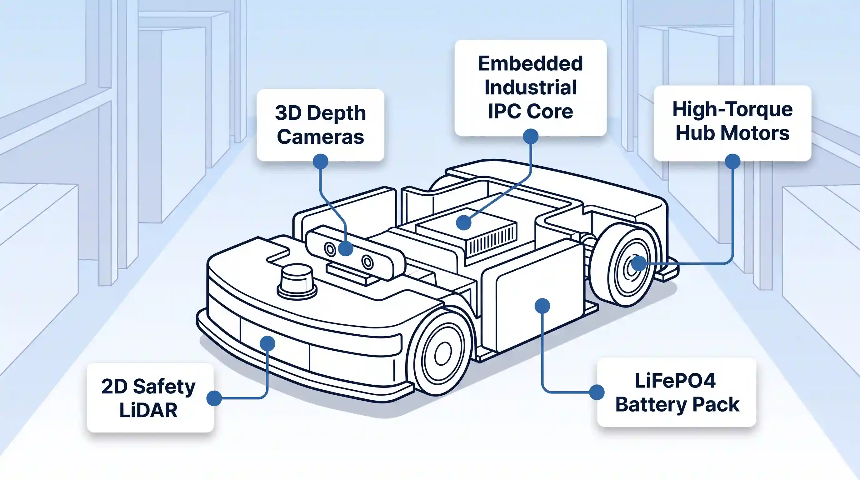 Vector cutaway diagram of an industrial AMR with labeled cards for LiDAR, Cameras, IPC Core, Motors, and Battery.
