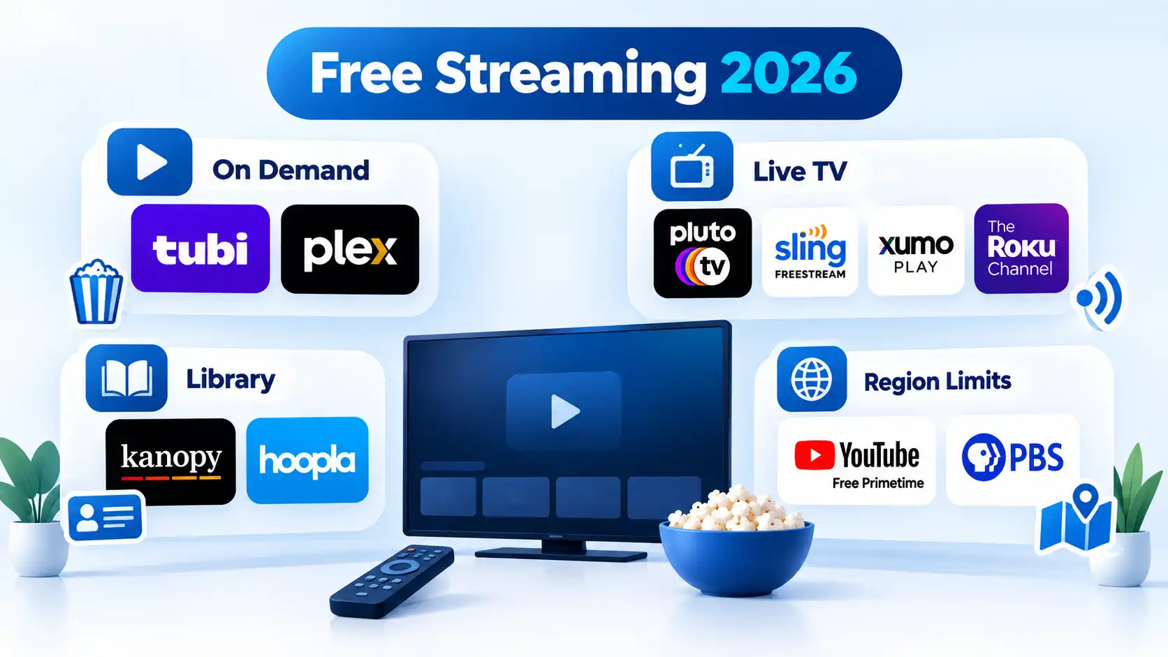 Free Streaming 2026 layout grouping Tubi, Plex, live TV, library services, YouTube and PBS around a TV