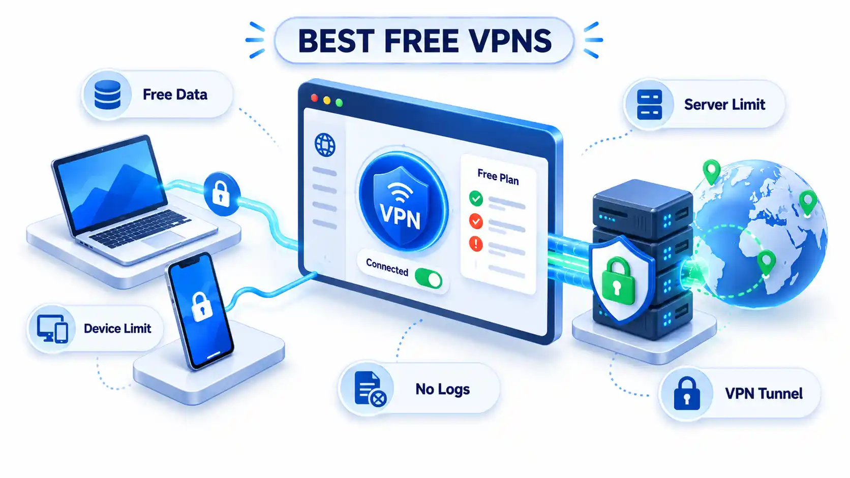 Free VPN panel links laptop and phone to servers with Free Data, Server Limit, Device Limit, No Logs, and VPN Tunnel.