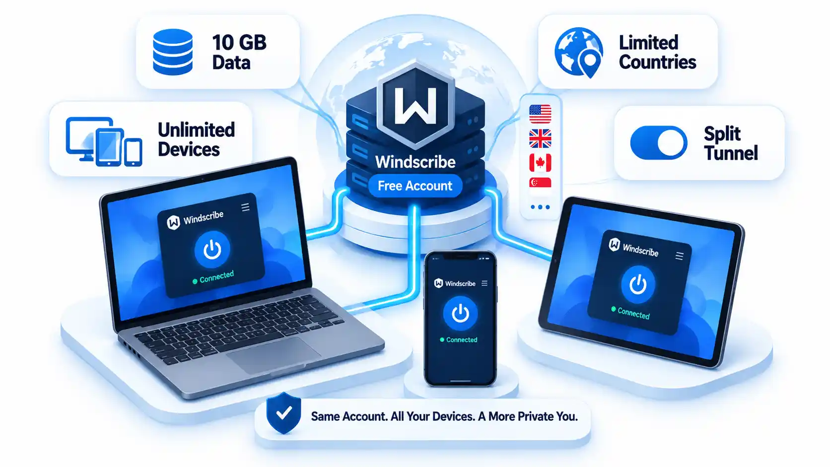 Windscribe Free account connecting a laptop, phone, and tablet with data, country, device, and split tunnel badges.
