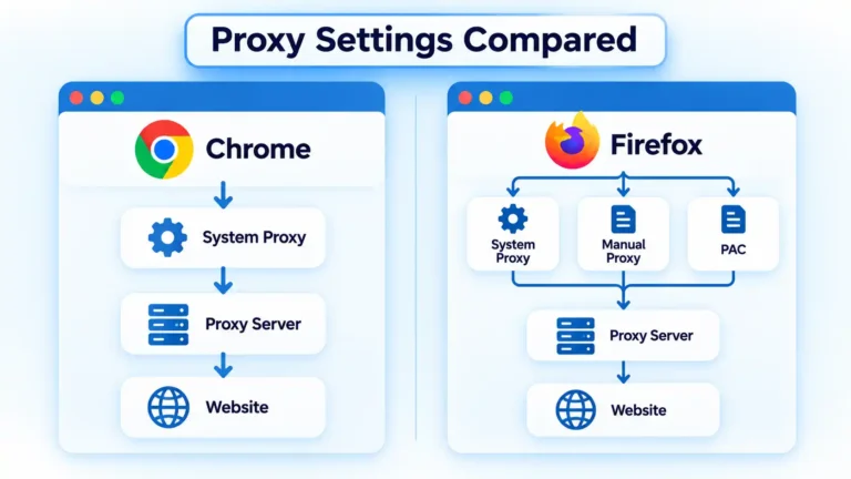 Chrome uses System Proxy while Firefox branches to System Proxy, Manual Proxy, or PAC before the proxy server.