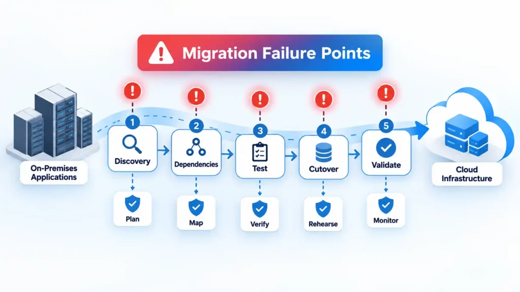 Cloud migration failure points from on-premises apps to cloud: Discovery, Dependencies, Test, Cutover and Validate.