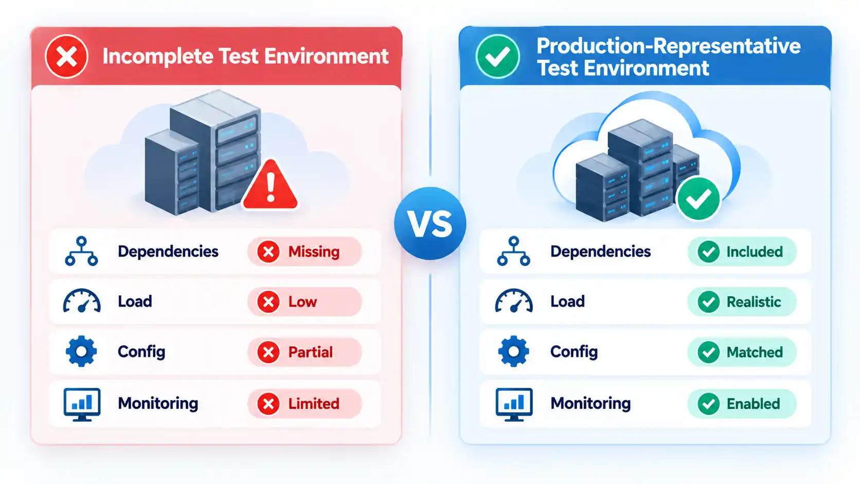 Side-by-side test environments comparing Dependencies, Load, Config and Monitoring from incomplete to representative.