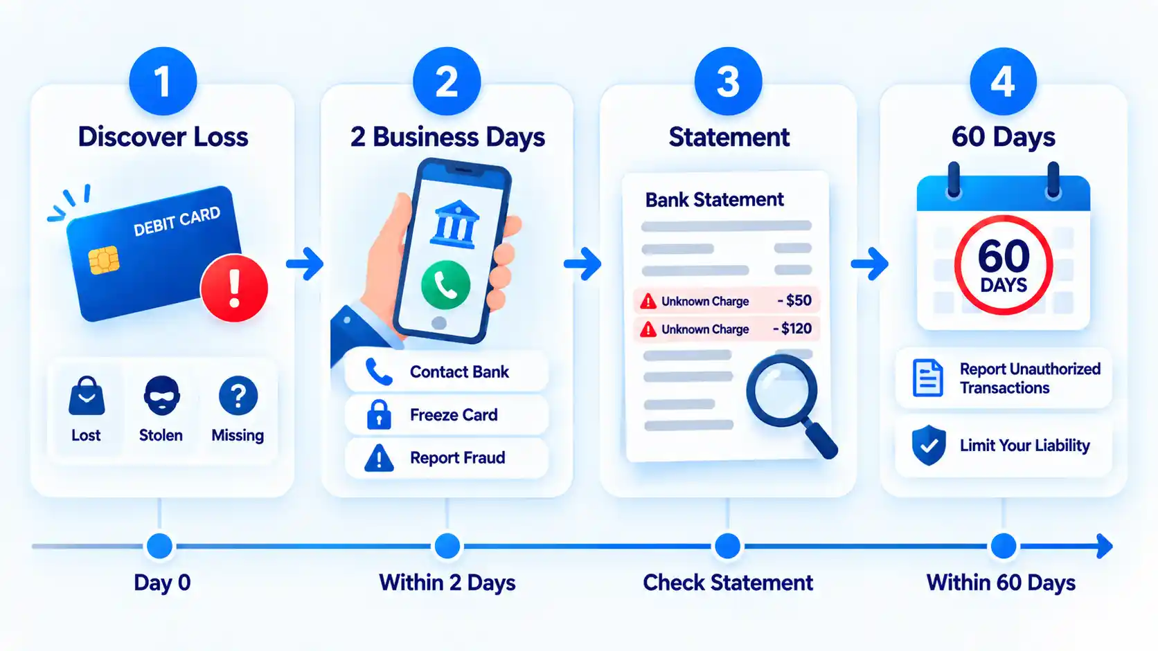 Debit card reporting timeline shows Discover Loss, 2 Business Days, Statement review and the 60 Days deadline.