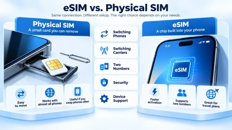 eSIM vs. physical SIM comparison showing removable SIM hardware, built-in eSIM, switching, security, and support.