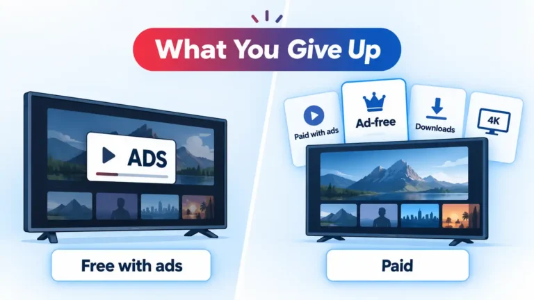 Free with ads TV compared with paid streaming cards for ad-free viewing, downloads, and 4K.