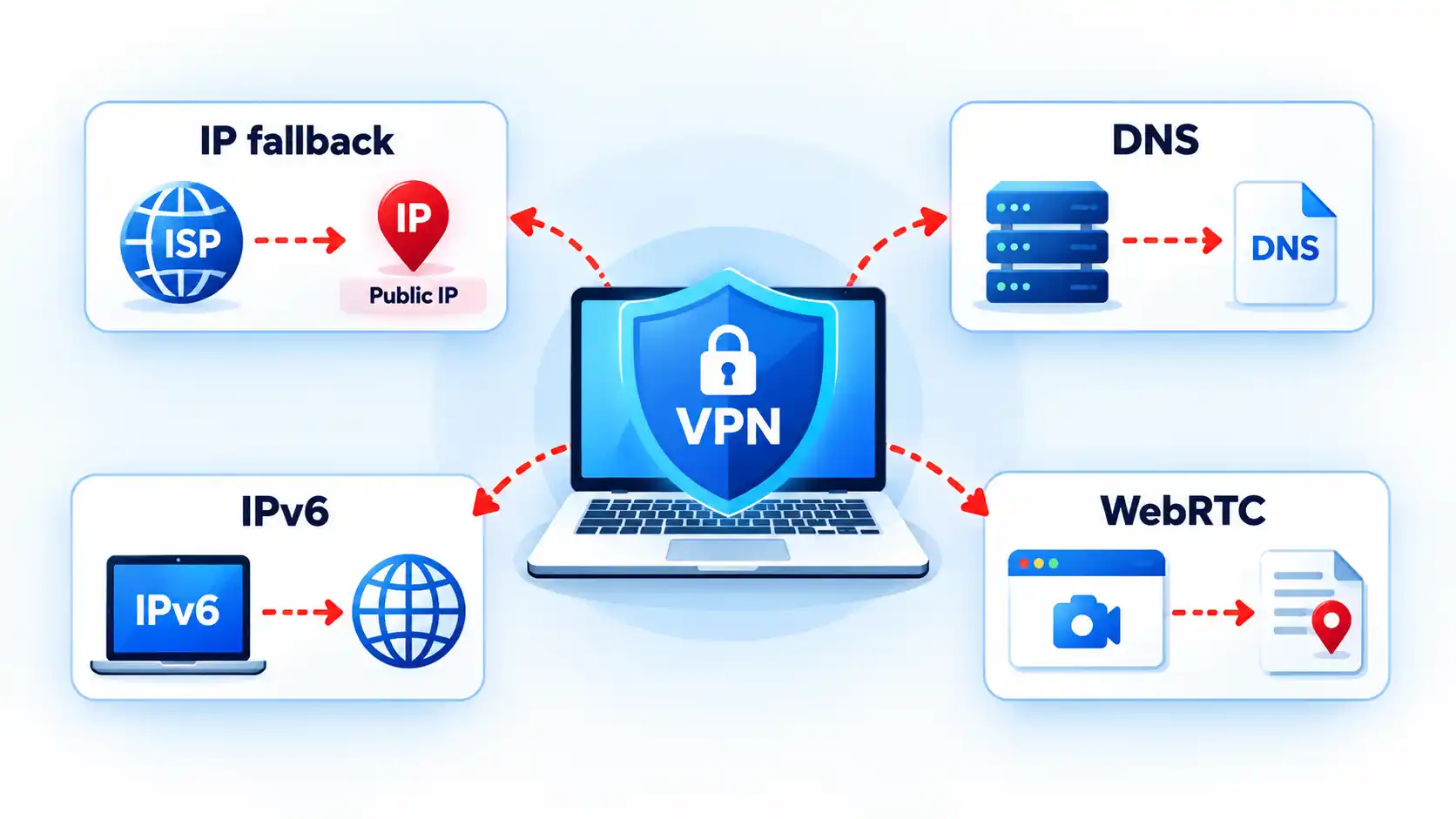 VPN laptop linked to four exposure paths labeled IP fallback, DNS, IPv6, and WebRTC.