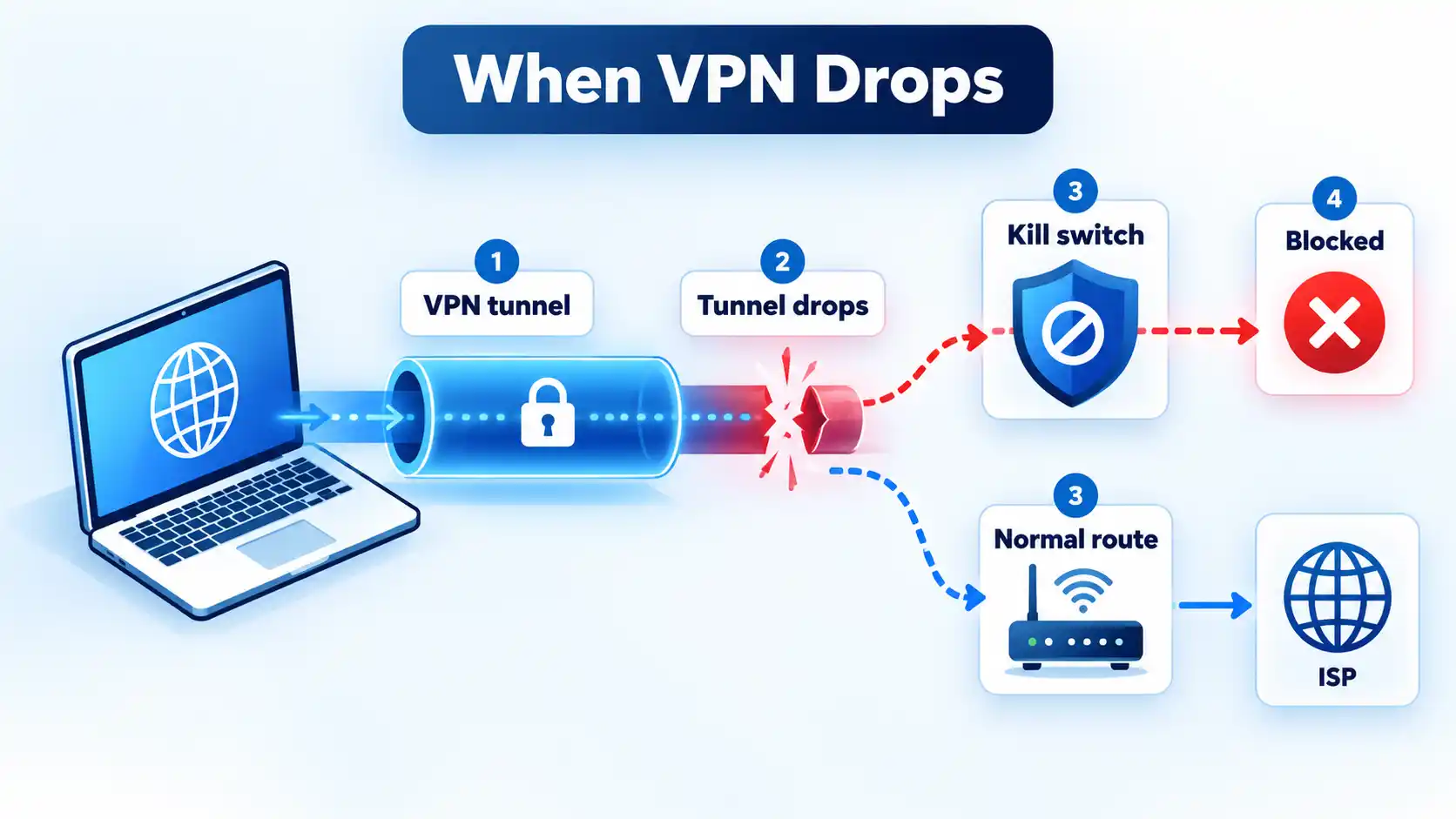 VPN tunnel drops and branches to a kill switch blocking traffic or a normal ISP route.