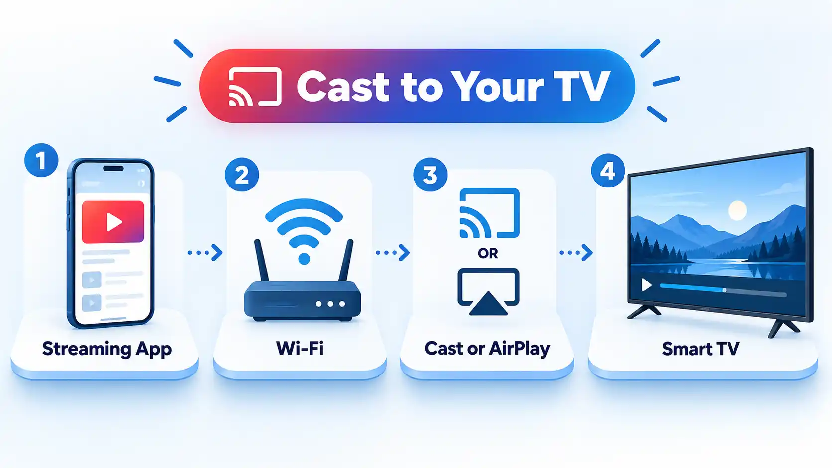 Four-step casting flow from Streaming App through Wi-Fi and Cast or AirPlay to Smart TV playback.