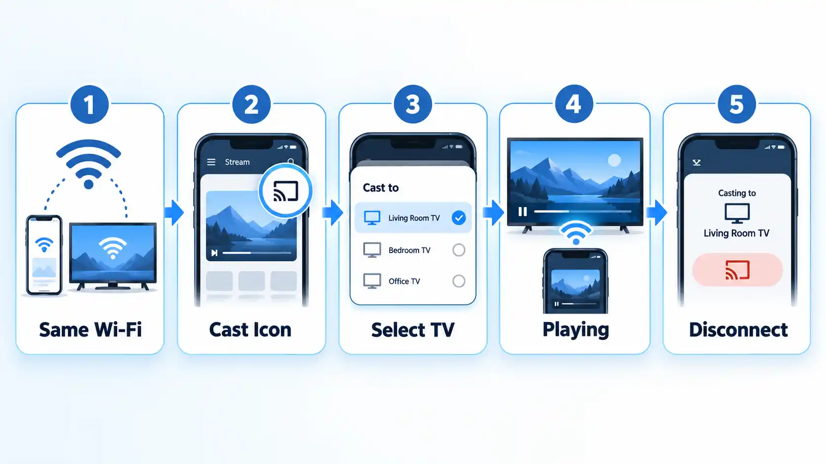 Five-step Google Cast setup showing Same Wi-Fi, Cast Icon, Select TV, Playing, and Disconnect.
