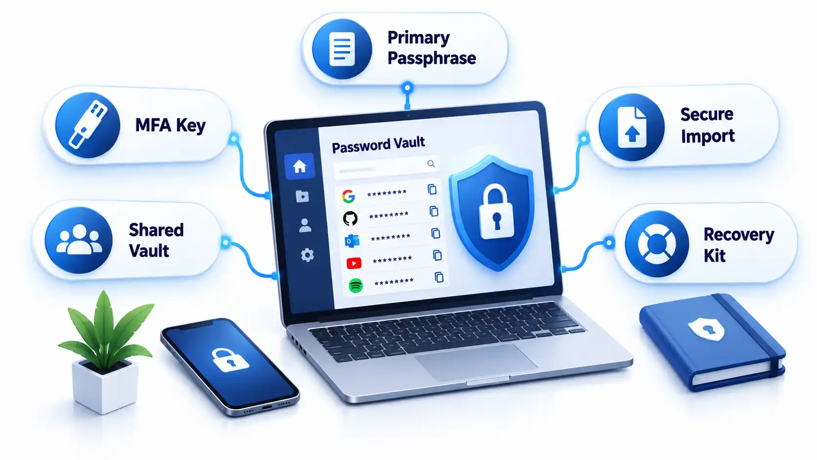 Password Vault laptop connects to Primary Passphrase, MFA Key, Secure Import, Shared Vault, and Recovery Kit.